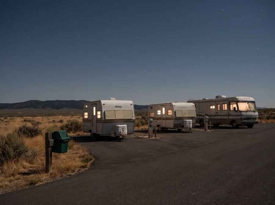 Generated scene: two trailers and a motorhome parked side by side on a paved lot at night under stars, power posts between them and a green bin at the edge.